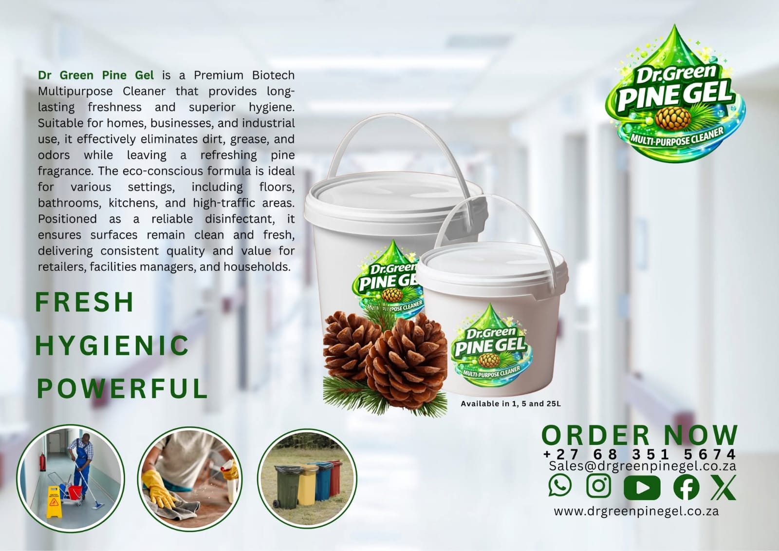 Dr Green Pine Gel — Fresh, Hygienic, Powerful. Available in 1L, 5L and 25L.
